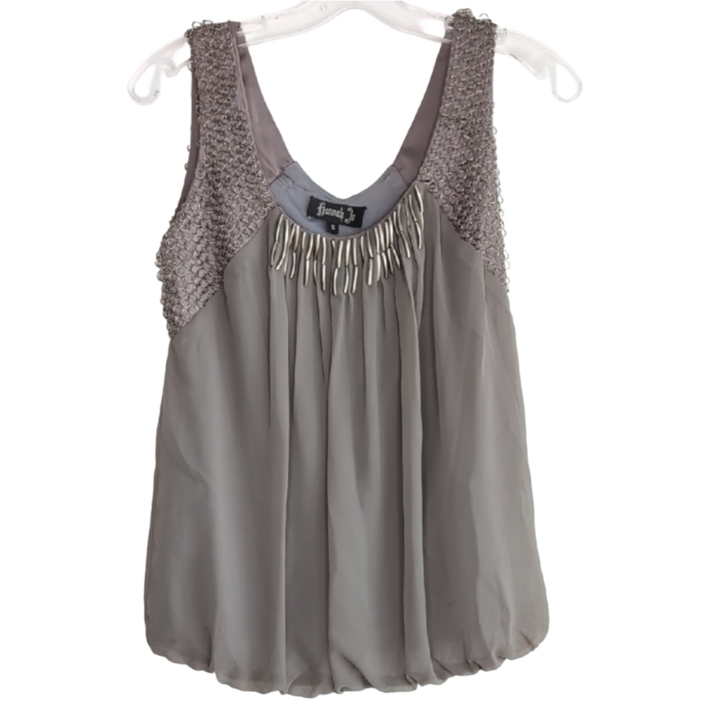 Y2K Hannah Jo Women's Small Grey Sheer Bubble Metal Detail Chainmail Tank Top‎